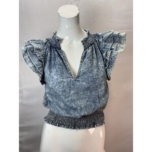 Entro Blue Acid Wash Denim Smocked Ruffle V-Neck Short Sleeve Top Size S